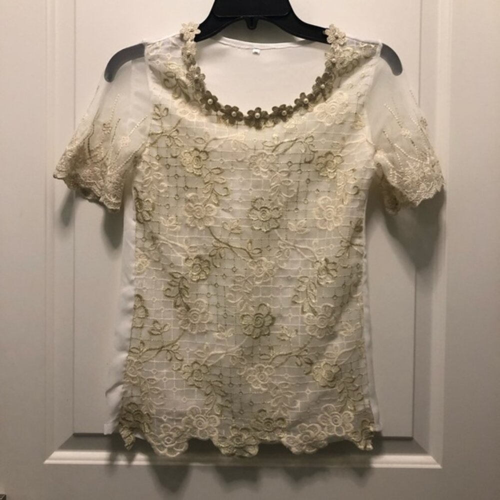 Cream Pearl Lace Short Sleeves Top Small